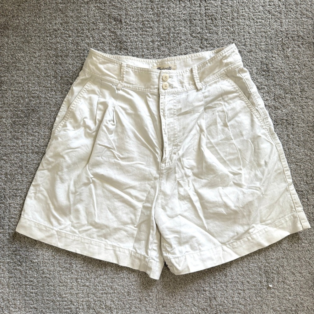 Madewell Pleated Cotton Linen Shorts Cream Sz 6 Coastal Minimal Tailored Preppy - Picture 1 of 11